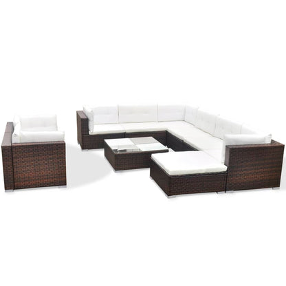 10-tlg. Garten-Lounge-Set mit Auflagen Poly Rattan Braun