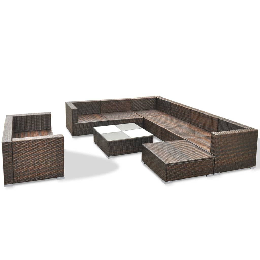 10-tlg. Garten-Lounge-Set mit Auflagen Poly Rattan Braun