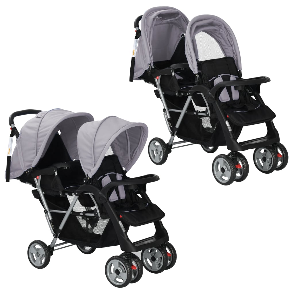 Tandem-Kinderwagen Stahl Grau und Schwarz