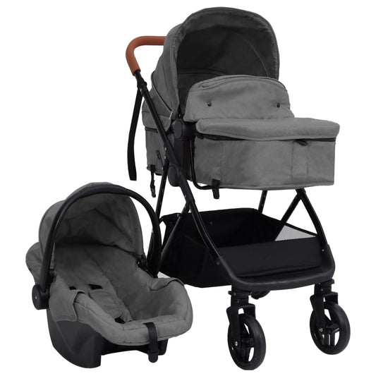 3-in-1 Kinderwagen Hellgrau und Schwarz Stahl