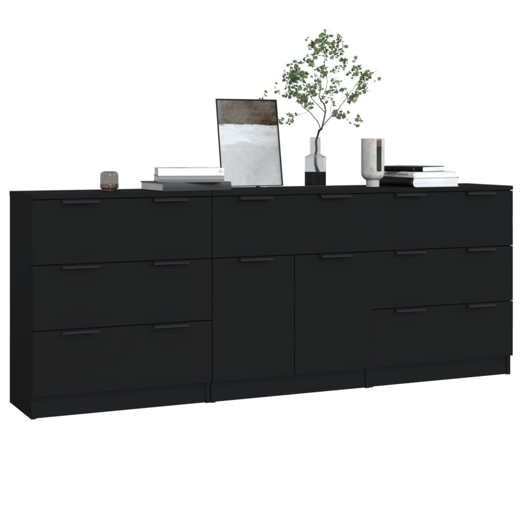 3-tlg. Sideboard Schwarz Holzwerkstoff